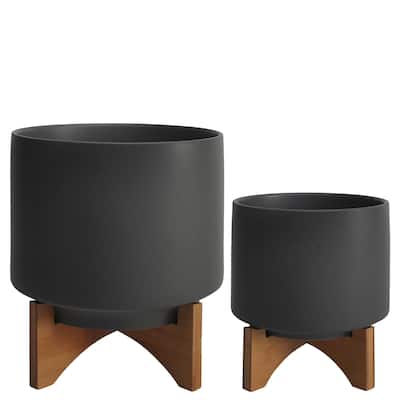 Matte Charcoal Grey Ceramic Planters with Wood Stands (Set of 2)