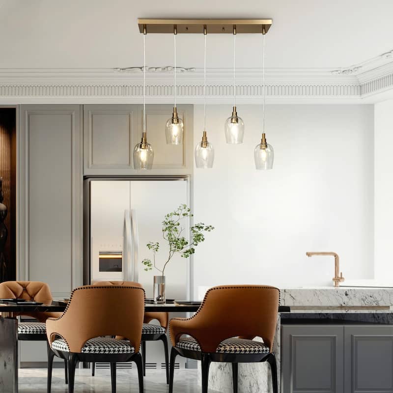 Elisie Mid-Century Modern 5-Lights Linear Chandelier Globe Glass Pendant Light Kitchen Island - 28.5" W x 69" H x 4.5" W