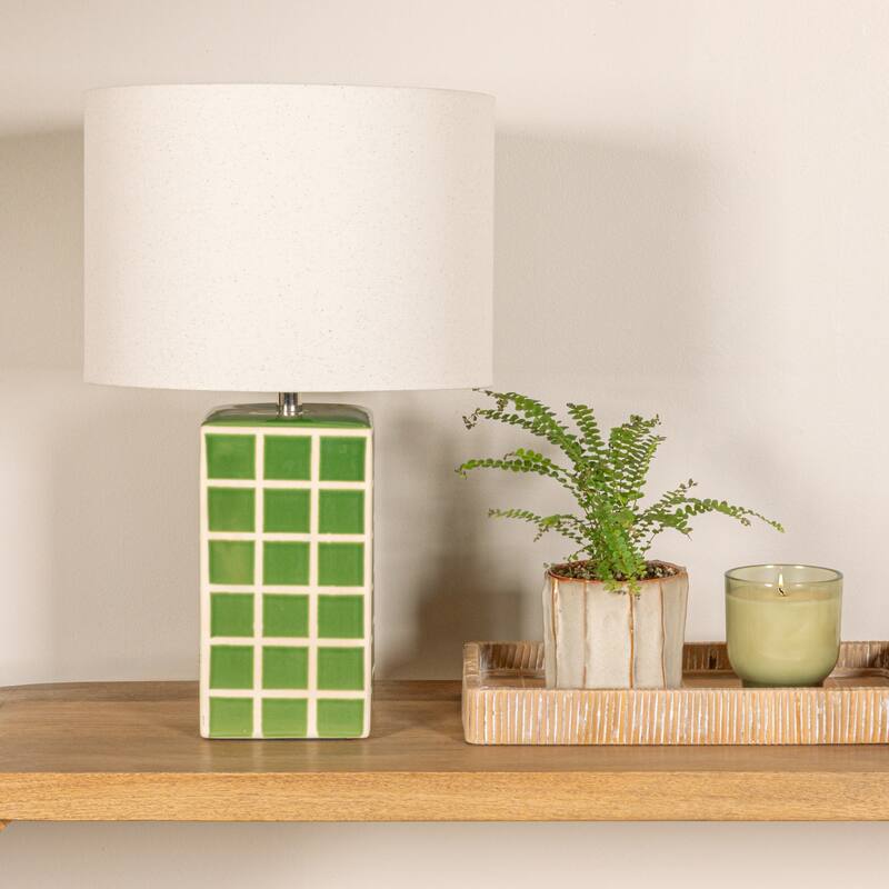 Grid Stoneware Table Lamp with Linen Shade