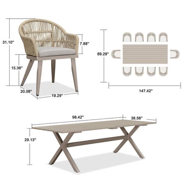 dimension image slide 1 of 3, PURPLE LEAF 7 Pieces Patio Dining Set with Outdoor Aluminium Square Dining Table and Woven Rattan Chairs
