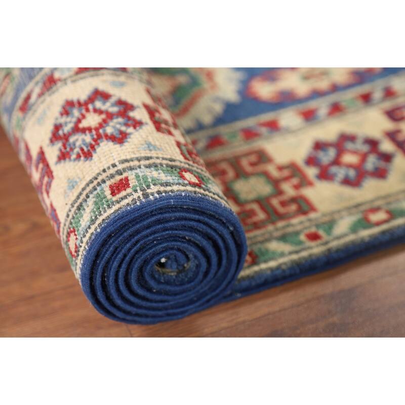 Kazak Runner Rug Hand-Knotted Traditional Blue Wool Carpet - 2'7" x 13'1"