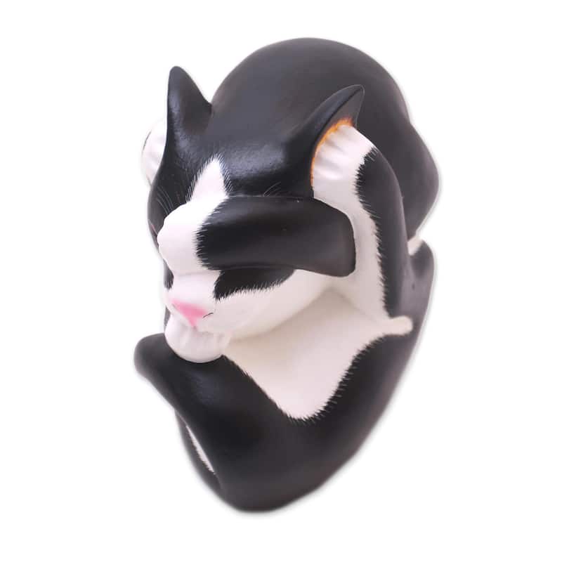 Novica Handmade Black And White Yogi Cat Wood Sculpture