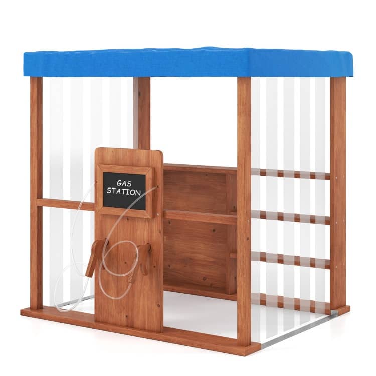 Kids Gas Station Playhouse with Gas Refueling Guns for Aged 3+-Brown - 45" × 35" × 45"