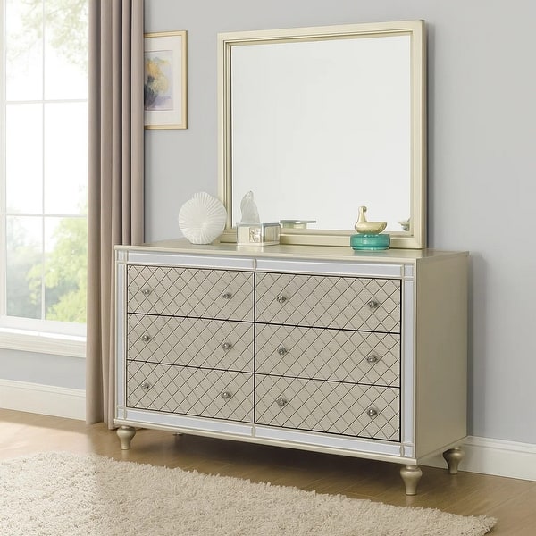 Cristo 62 Inch Wide Dresser with Mirror, 6 Drawers, Champagne Cross Pattern  - Bed Bath & Beyond - 41169214