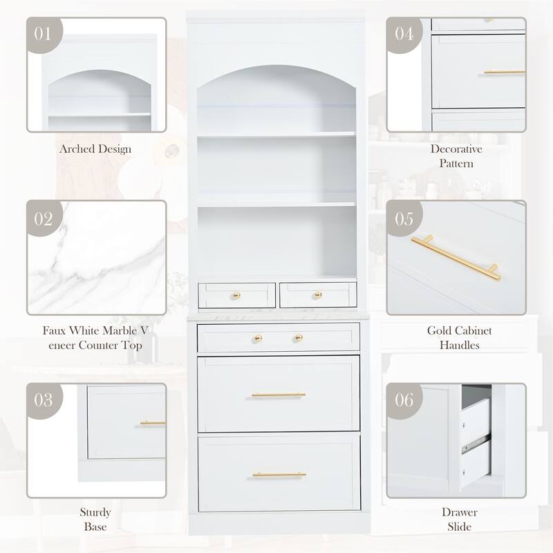 Freestanding Tall Kitchen Hutch with Faux Marble Top(Set of 2)