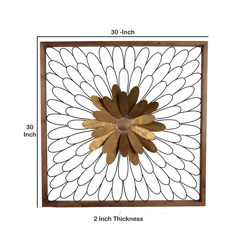 Metal Wall Decor with Wooden Frame and Leafy Flower, Bronze