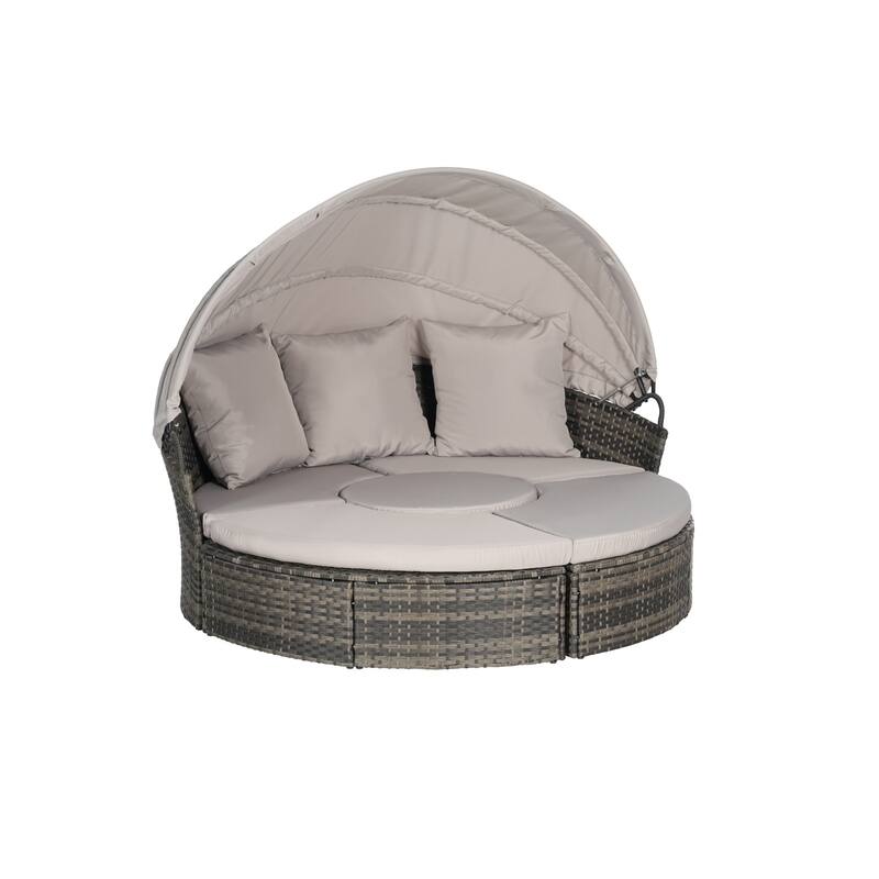 5-Piece Outdoor Patio Conversation Set Wicker Daybed Set with Canopy, Storable Table&Soft Cushions