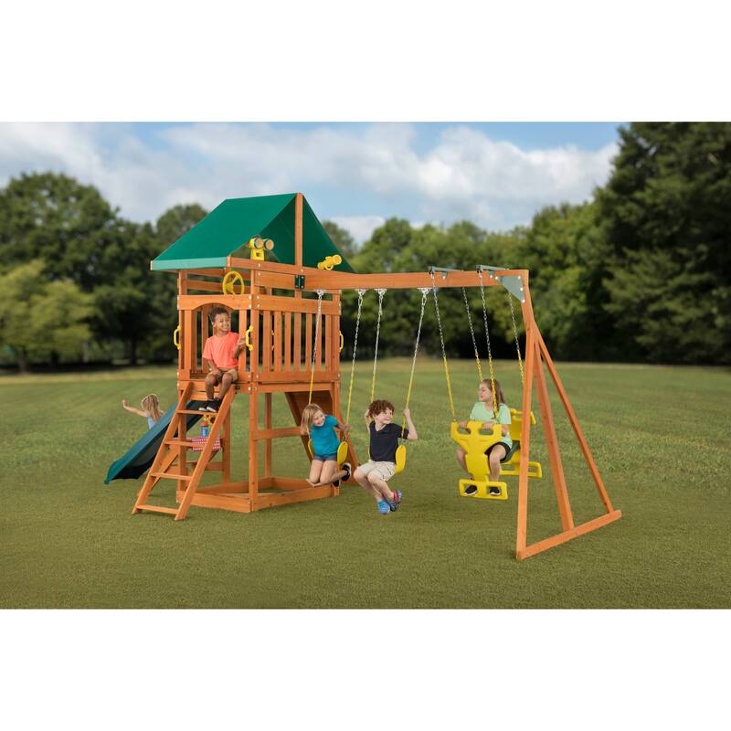 Sky View Wooden Swing Set with Slide, Glider, Picnic Table, and Playset Accessories