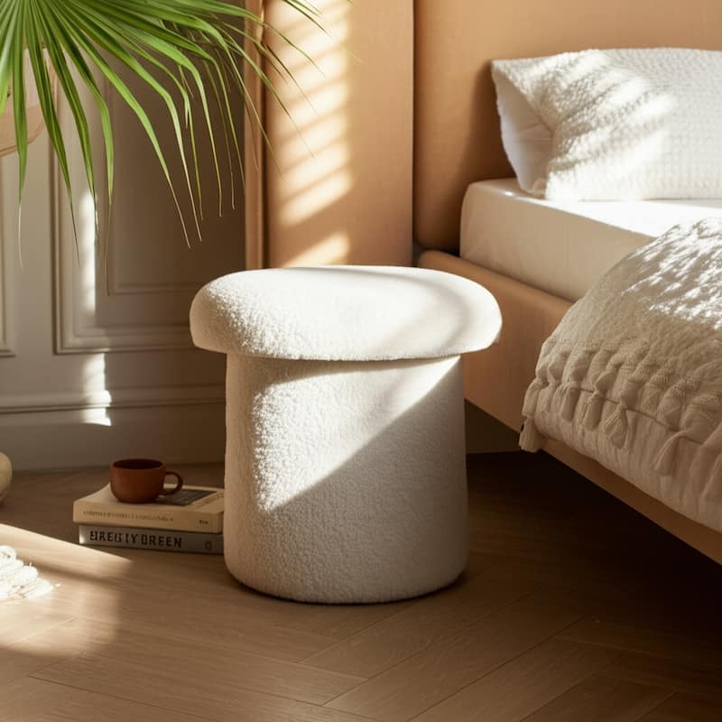 Velvet Wood Mushroom Shaped Ottoman Boho Accent for Home - 17" Ivory