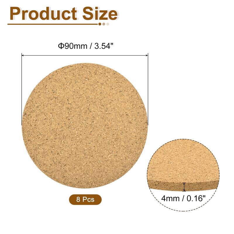 Cork Coaster for Drink, Round Cork Mats 3mm Thick - Brown - 8Pcs - 90mm Dia, 4mm Thick
