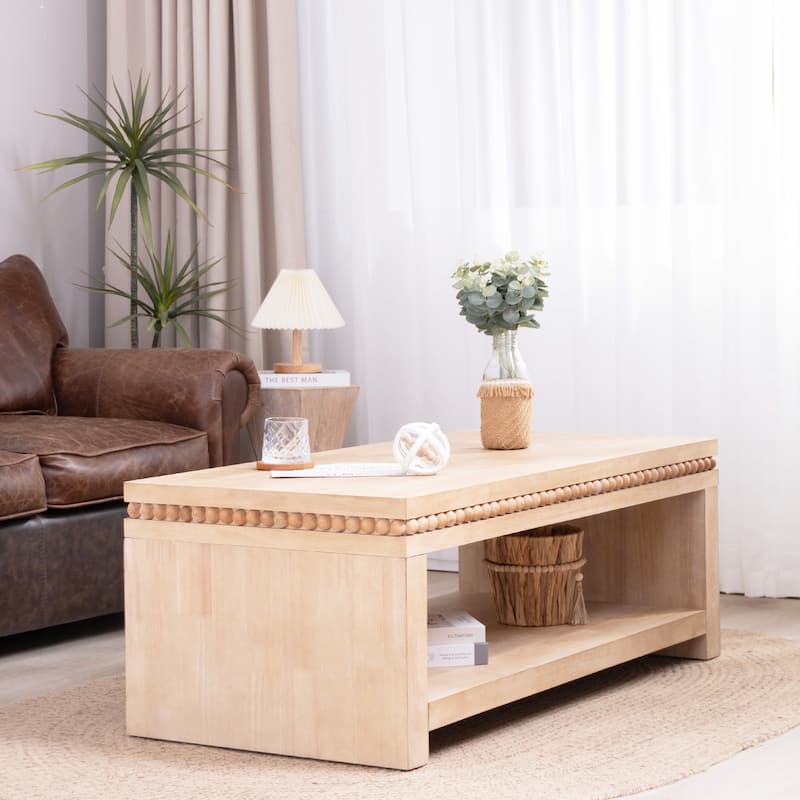 47 inch Modern Black Coffee Table Beaded Trim Rectangular Open Storage Shelf Living Room
