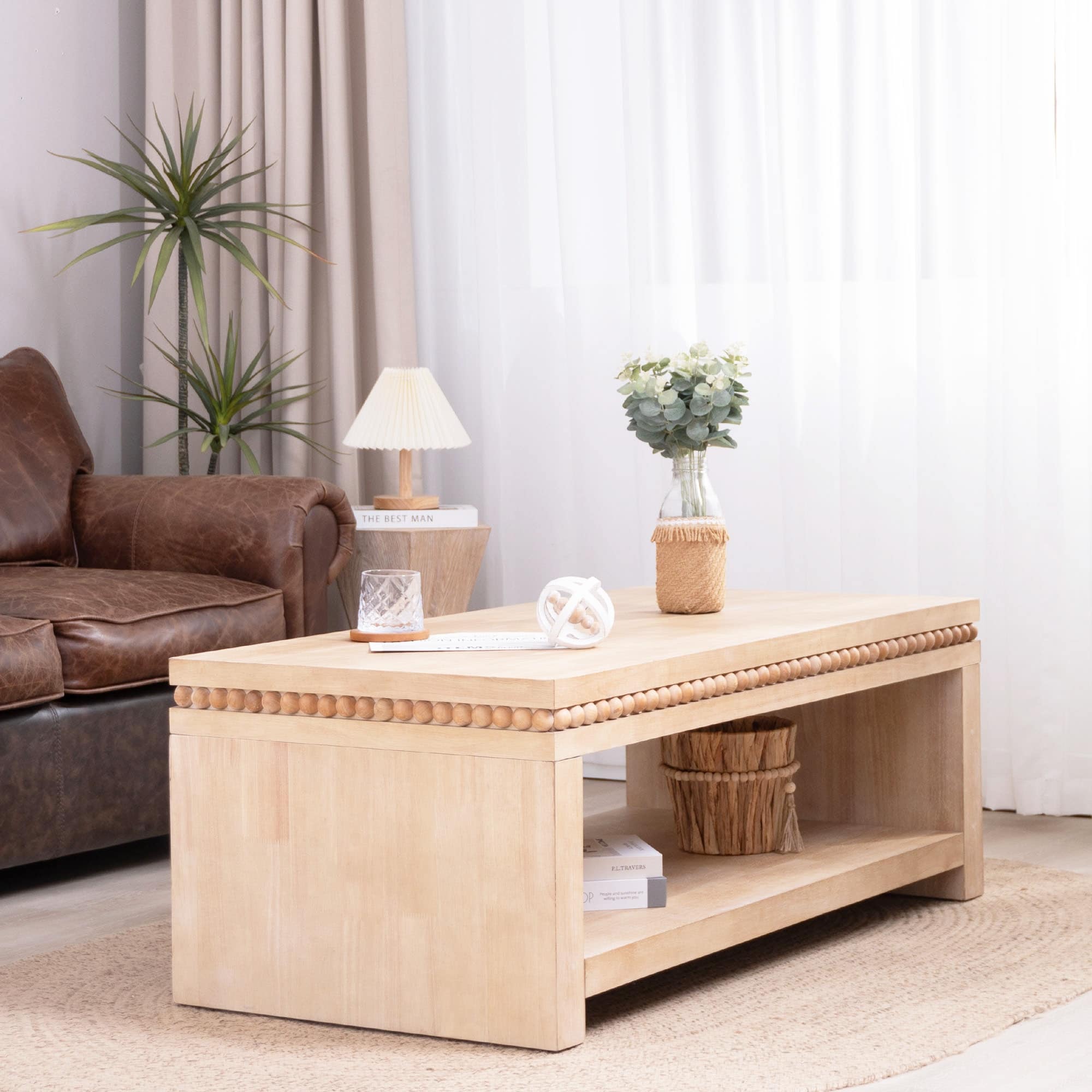 Modern Coffee Table End Table with Beaded Trim, Wood Accent Table Dining Table Centerpiece with Open Shelf Storage