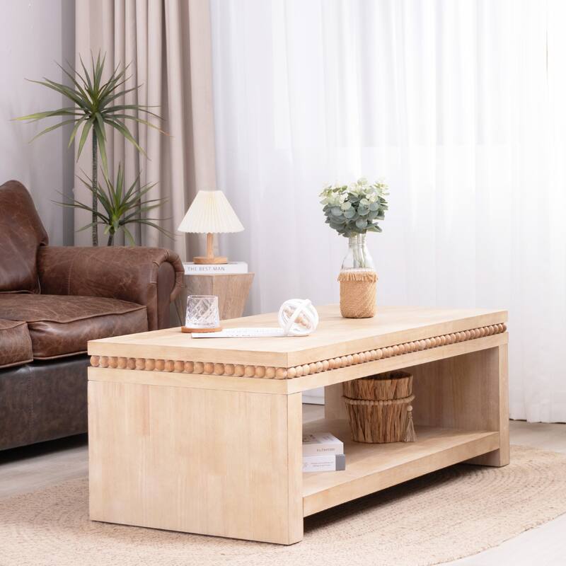Modern Wood Coffee Table with Beaded Trim - 47" Rectangular Coffee Table with Open Storage Shelf, Light Natural Finish