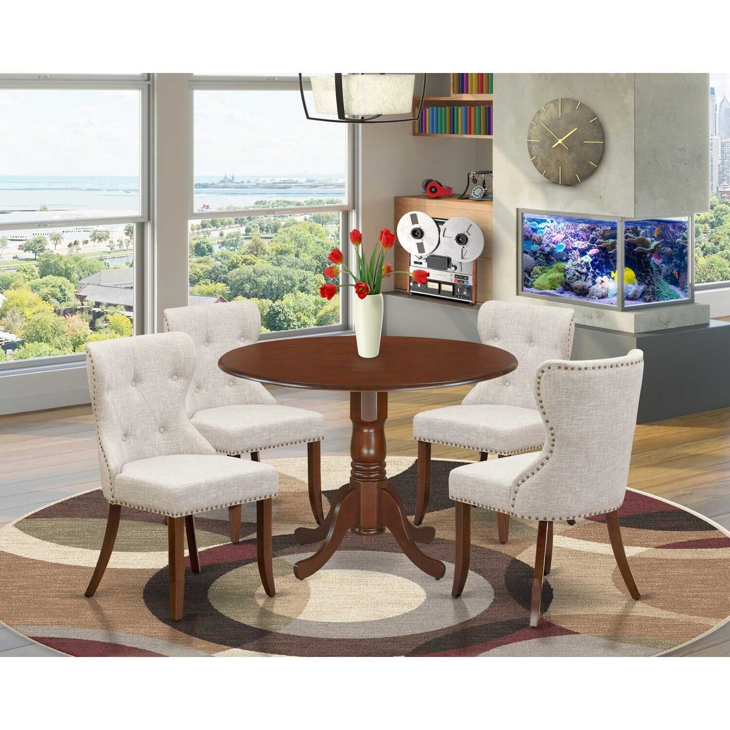 HomeStock 5-Pc Round Mahogany Finish Solid Wood Top Dining table with 4 Chairs with Drop Leaf