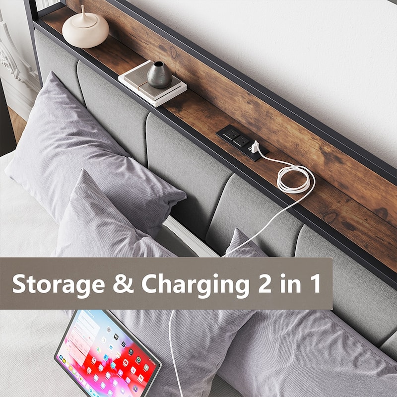 Bed Frames, Storage Headboard with Outlets, No Box Springs Needed
