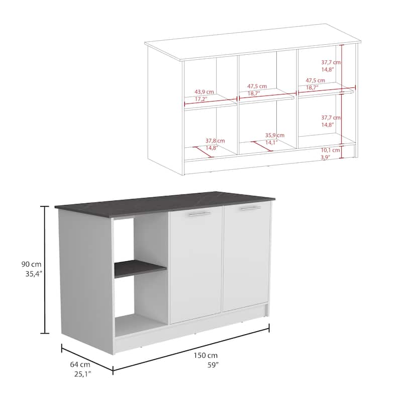 Spacious Kitchen Island with Double Door Cabinet, Open Shelves, Large Top - Black and Ibiza Marble