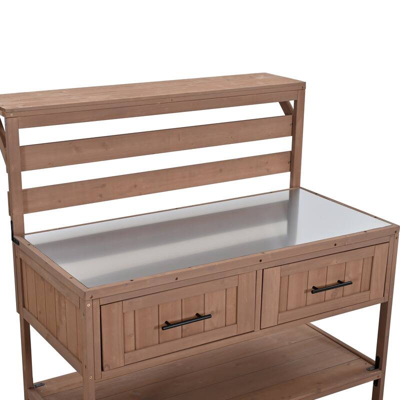 Solid Wood 62.3'' Patio Kitchen Island Kitchen Cart with Stainless Table Top, Garden Potting Bench with Raised Shelf and Drawers