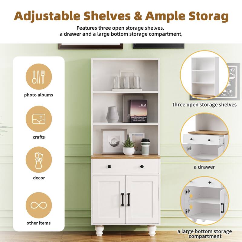 Farmhouse Storage Cabinet: 4 Solid Wood Gourd Legs, Adjustable Shelves, 5-Tier Bookshelf with Drawer