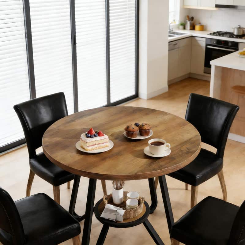 Round Dining Table with Storage Shelf, Home Office Table Meeting Table, Kitchen Table with Metal Base