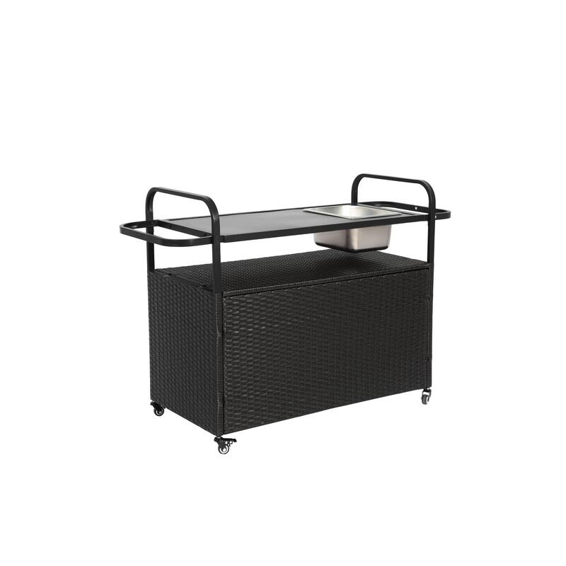Outdoor Bar Table, Wicker Bar Cart with Cabinet, Patio Serving Cart with steel Top, with one ice bucket,Lockable Wheels