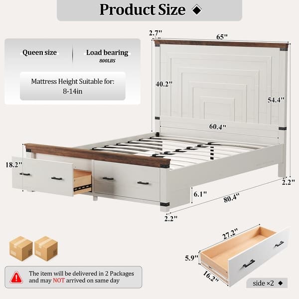dimension image slide 9 of 13, Farmhouse Wood Bed Frame with 54" Tall Headboard, 2 Large Drawers