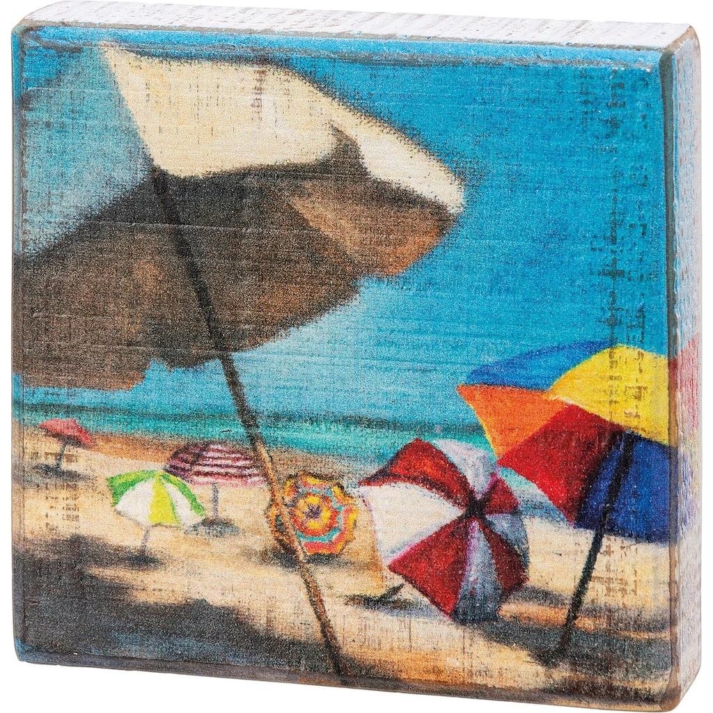 Colorful Beach Umbrellas Block Sign Wood Tier Tray Sign 4 Inches - Multi