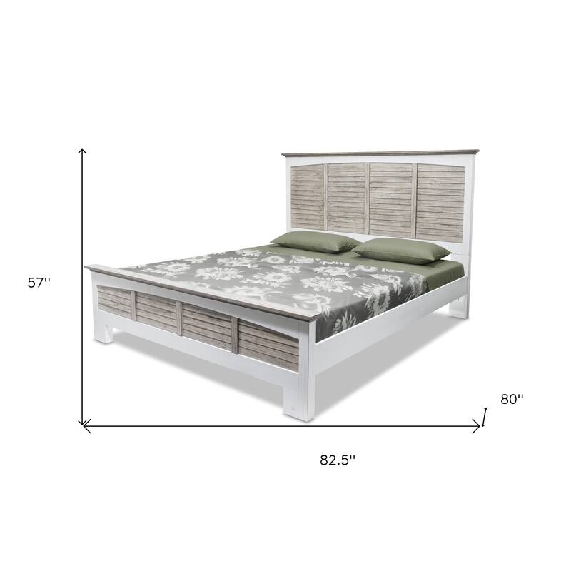 HomeRoots Gray Carved Geometric Distressed Solid Wood King Bed Frame