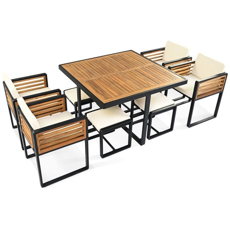 9-Piece/18-Piece Acacia Wood Patio Dining Set, Outdoor Dining Table Set with Cushioned Chairs, Ottomans and 1 Square Table