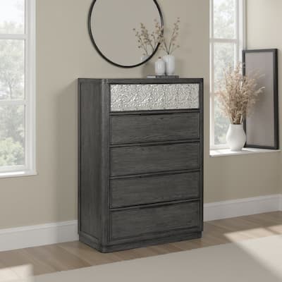 Zoko Tall Dresser Chest, 5 Drawers, Textured Metal Accents, Ash Gray