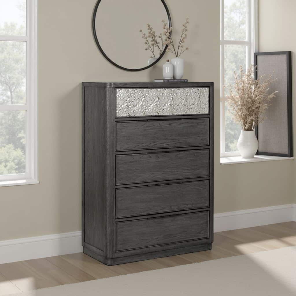 Zoko Tall Dresser Chest, 5 Drawers, Textured Metal Accents, Ash Gray