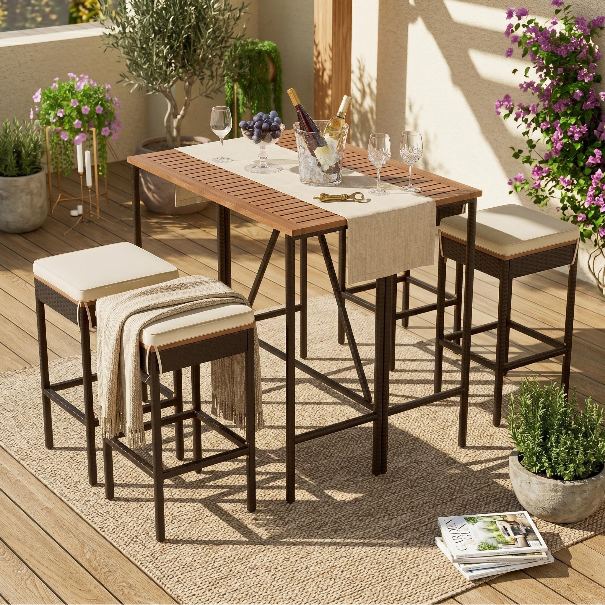 5-Piece Outdoor Acacia Wood Bar Height Table And Four Stools with Cushions