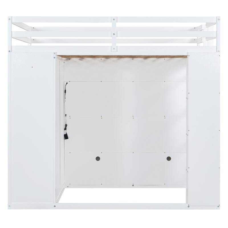 Full Size Loft Bed with Storage, LED Light, and Shelves - White