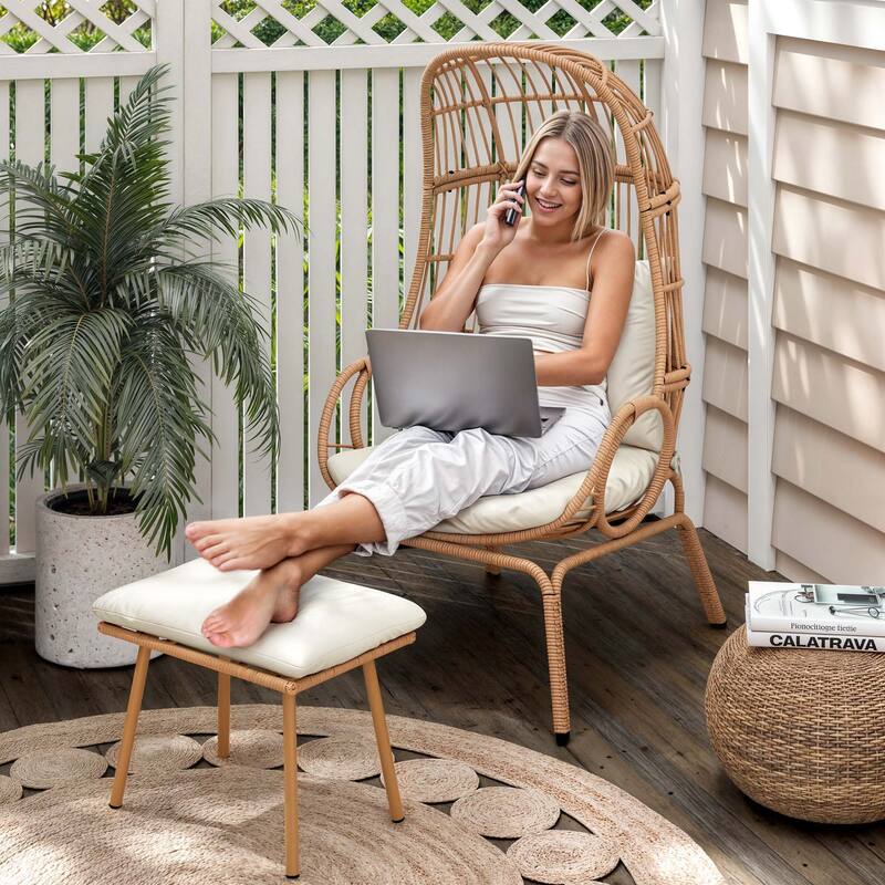 Moasis Outdoor Small Egg Chair Patio Wicker Basket Chair with Ottoman,Rocking Egg Chair,Swivel Egg Chair
