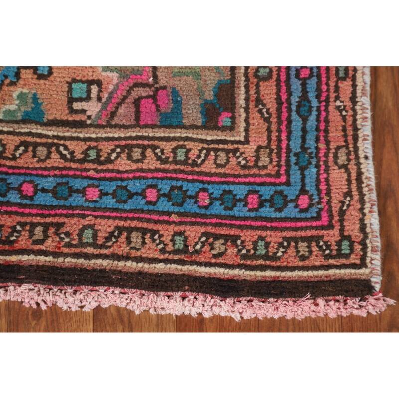 Geometric Hamedan Persian Vintage Runner Rug Handmade Wool Carpet - 3'1"x 10'3"