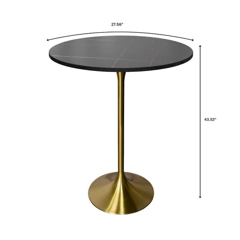 LeisureMod Verve 27" Bar Dining Table with Sintered Stone Round Top in Gold Steel, Gold Marbleized