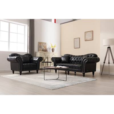 Luxury Classic America Chesterfield Bonded Leather Camel Back Armchair Living Room Set Chair, Sofa 2 PCS