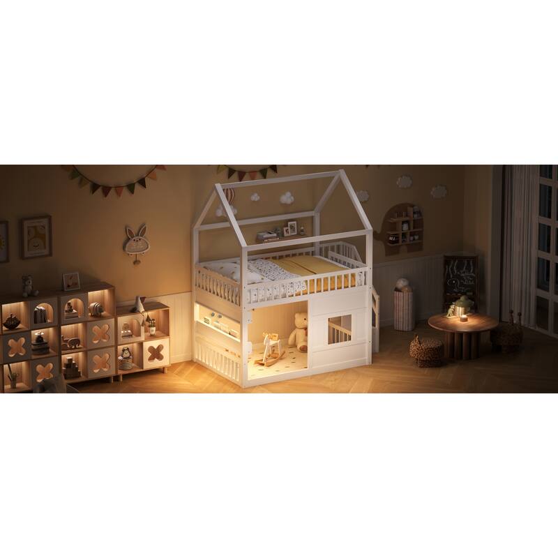 Roomfitters Full Size Wood House Loft Bed with Storage Stairs and Built-in Shelving, Modern Space-Saving Sleep Space