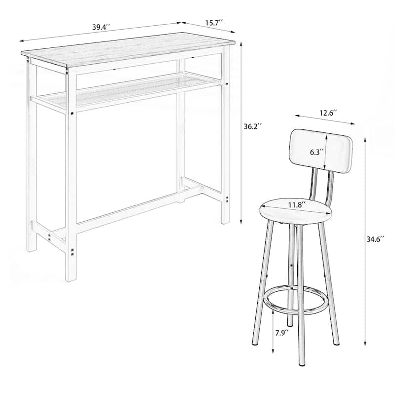 3 Piece Bar Table Set,Bar Table and Chairs Set of 2,with Storage Rack