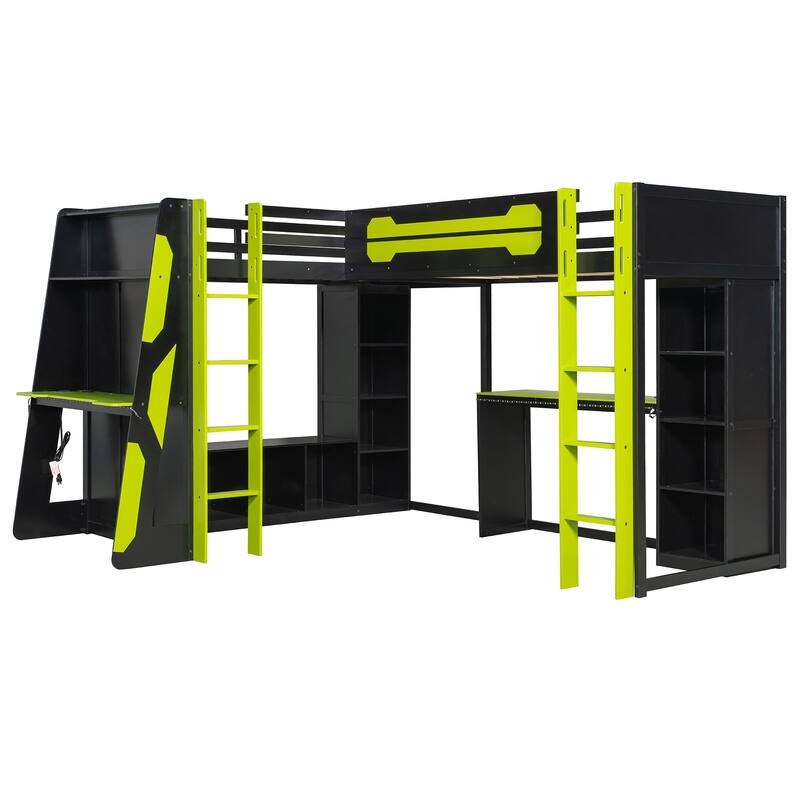 L-shaped Bunk Bed Twin Size Gaming Loft Bed with Desks, TV Stand, Shelves, Light Strip, Charging Station and Reversible Layout