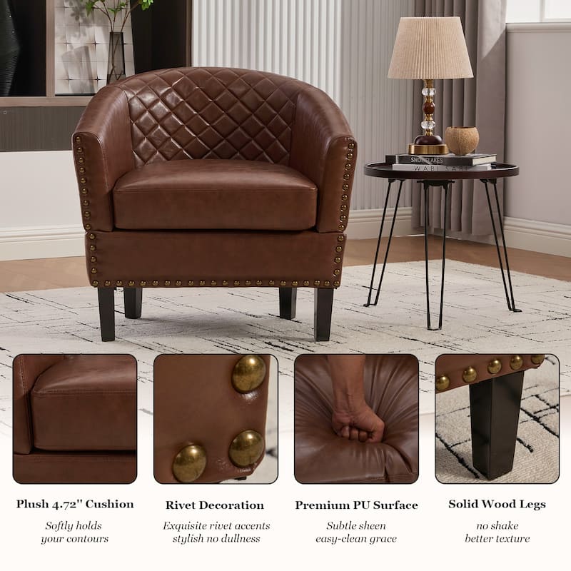 HOMEFUN Leather Upholstered Nailhead Wooden Frame Barrel Club Chair with Solid Woood Legs