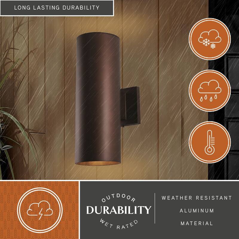 Chiasso Aluminum 2 Light Bronze Cylinder Outdoor Wall Lantern Clear Glass - 5-in W x 14.25-in H x 8-in D