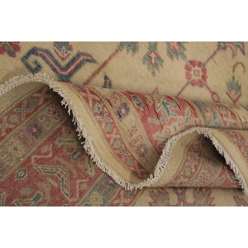 Hand Knotted Oriental 100% Wool Carpet Traditional Geometric Beige & Ivories Kazak Area Rug - 9' 6'' X 8' 3''
