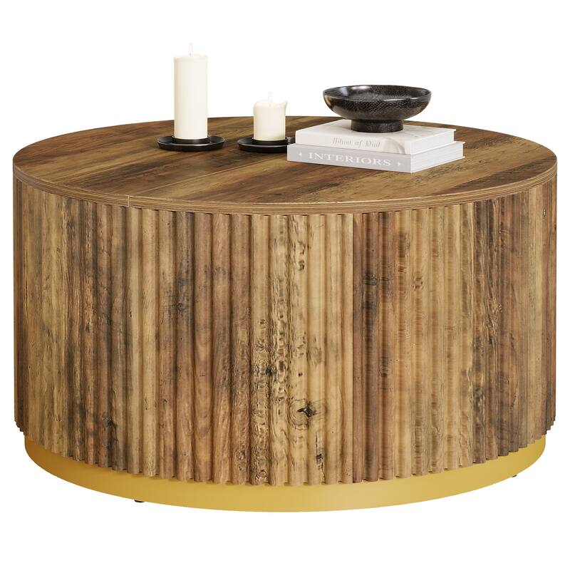 Round Coffee Table, Fluted Wooden Center Table, Mid Century Modern Table for Living Room or Office