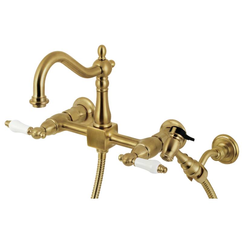 Kingston Brass Heritage Wall Mount Bridge Kitchen Faucet with Brass Sprayer