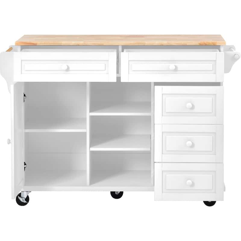 53" Kitchen Cart with Adjust Shelves & 5 Easy-Glide Drawers, Rolling Mobile Kitchen Island with Rubber Wood Desktop & Cabinet
