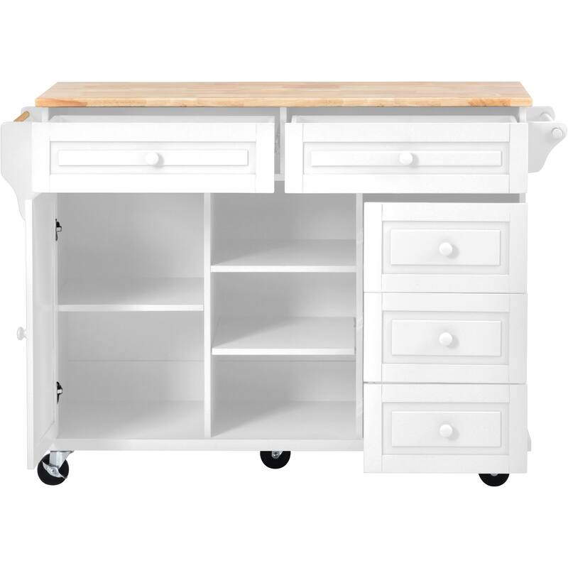 Rolling Kitchen Island Kitchen Cart with Rubberwood Tabletop Storage Space and 5 Drawers, for kitchen, White