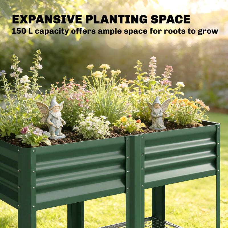 Outsunny Galvanized Steel Raised Garden Bed with Storage Shelf and Bed Liner, Elevated Planter Box with Legs
