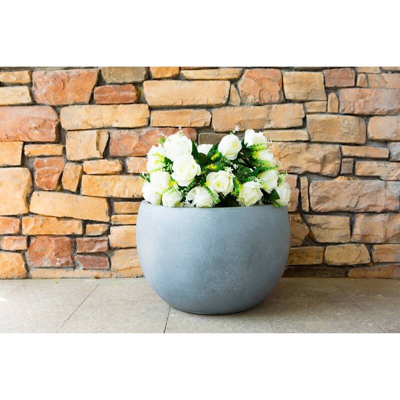 Kante 8 in. H Concrete and Fiberglass Round Bowl Planter, Outdoor Indoor Large Planters Pots with Drainage Hole