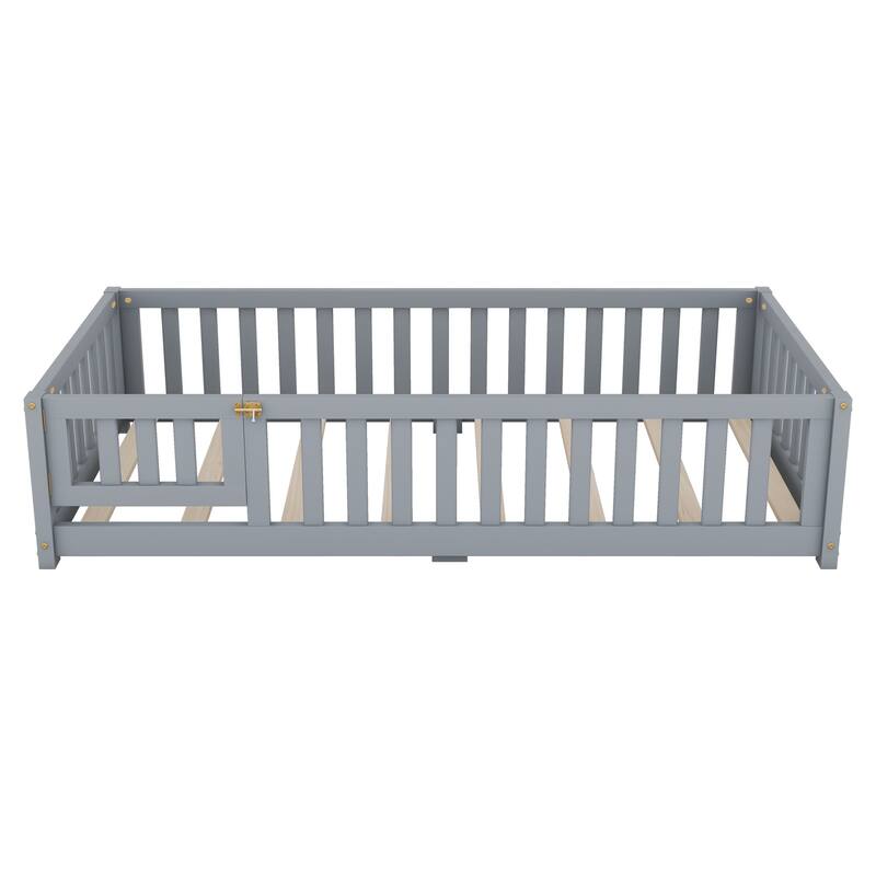 Twin/Full/Queen Size Floor Bed with Safety Guardrails for Kids, Wood Montessori Bedframe w/ Door, Children's Noiseless Beds