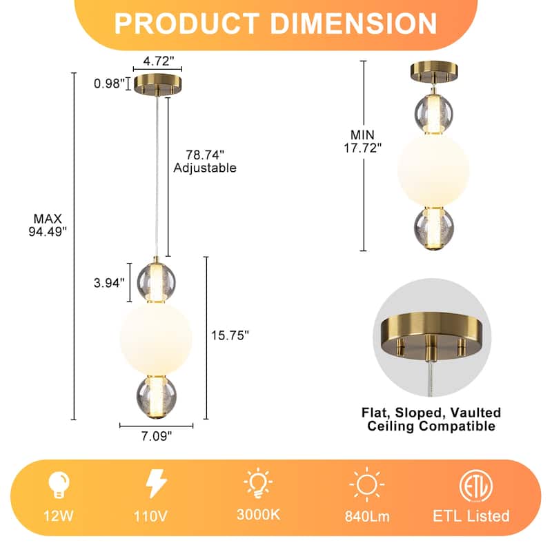 3-Light Modern Gold LED Pendant Light with White & Smoke Glass Globes - Dia.7.09-in